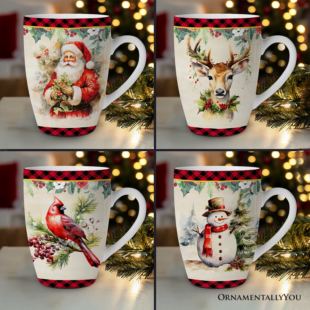 (Pre-Order) Festive Country Plaid Set of 4 Ceramic Mugs with Real Gold Trim, Christmas Kitchen Coffee Cup Gift with Santa, Cardinal, Deer, and Snowman Mug Sets OrnamentallyYou