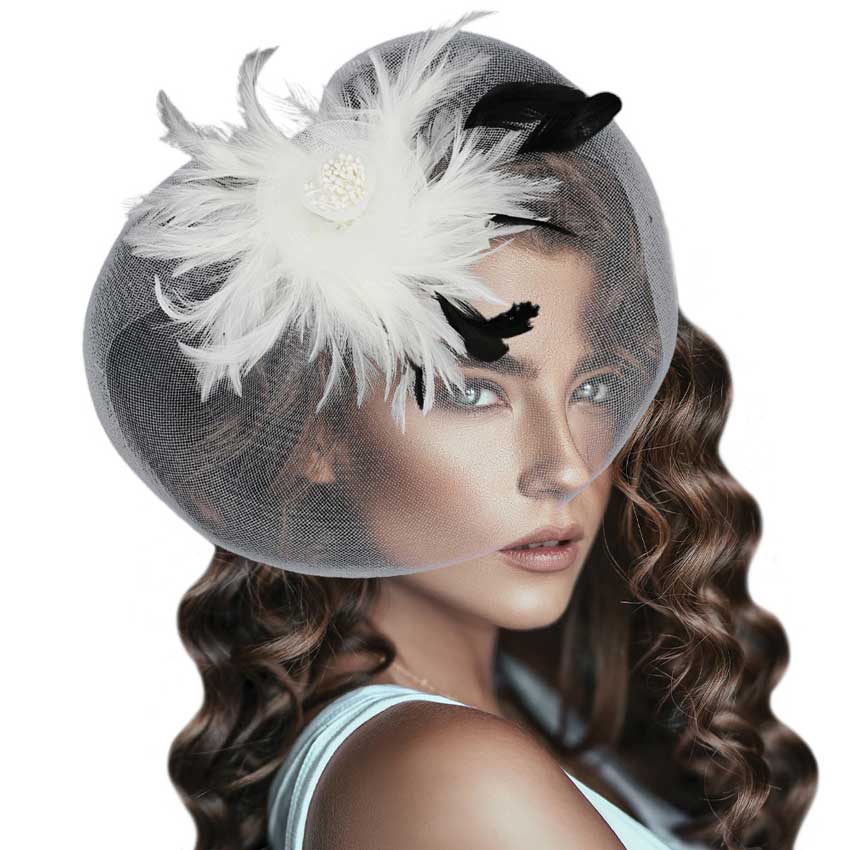 White Feather Pearl Cluster Mesh Flower Fascinator Headband, is crafted with luxury materials, including feathers, pearls, and mesh. Its bold design is sure to add a unique and glamorous touch to your ensemble. Perfect for making an exquisite gift, attending any special events, or everyday wear.