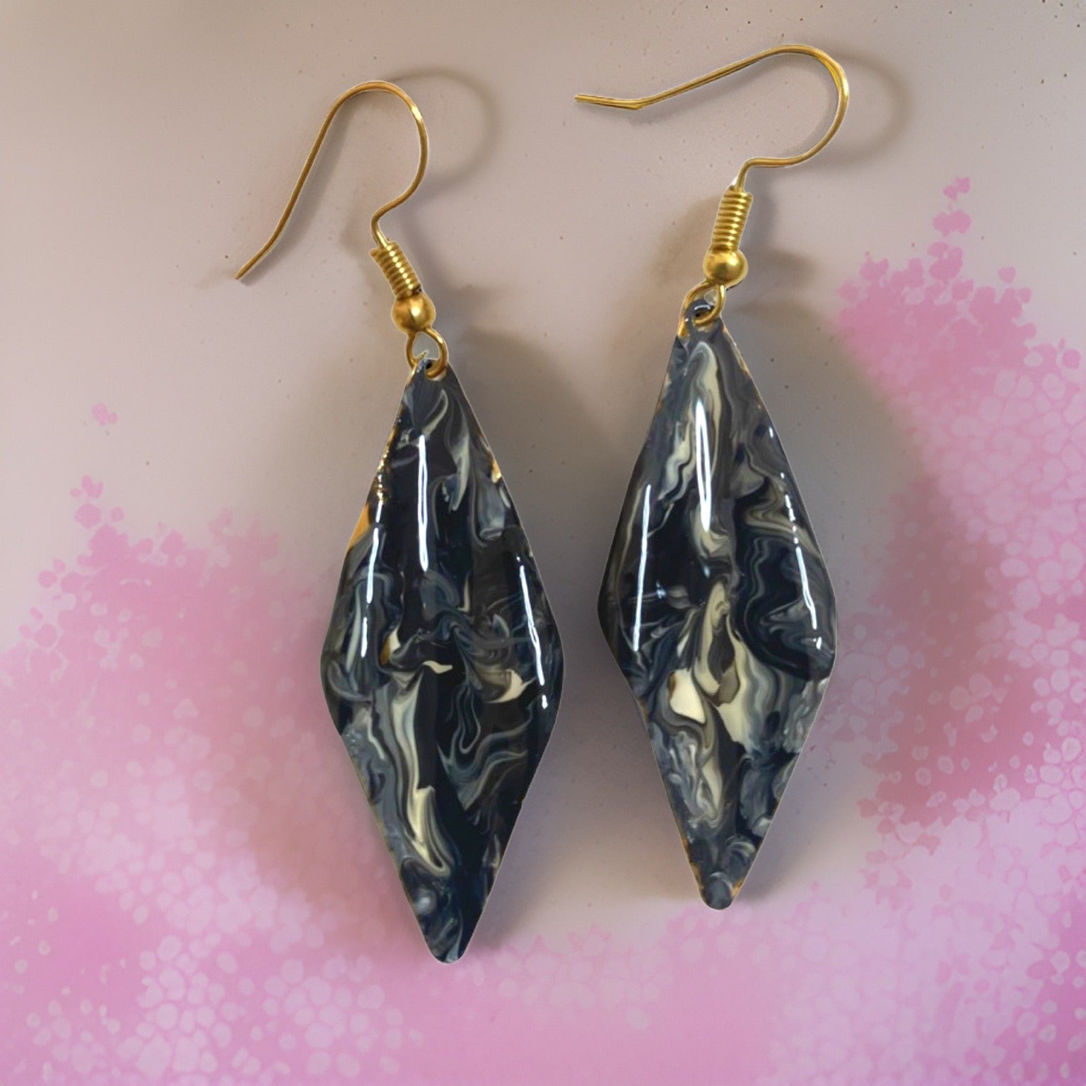 Hand Painted Black & White Marbleized Hammered Wavy Dangle Earrings by The Urban Charm