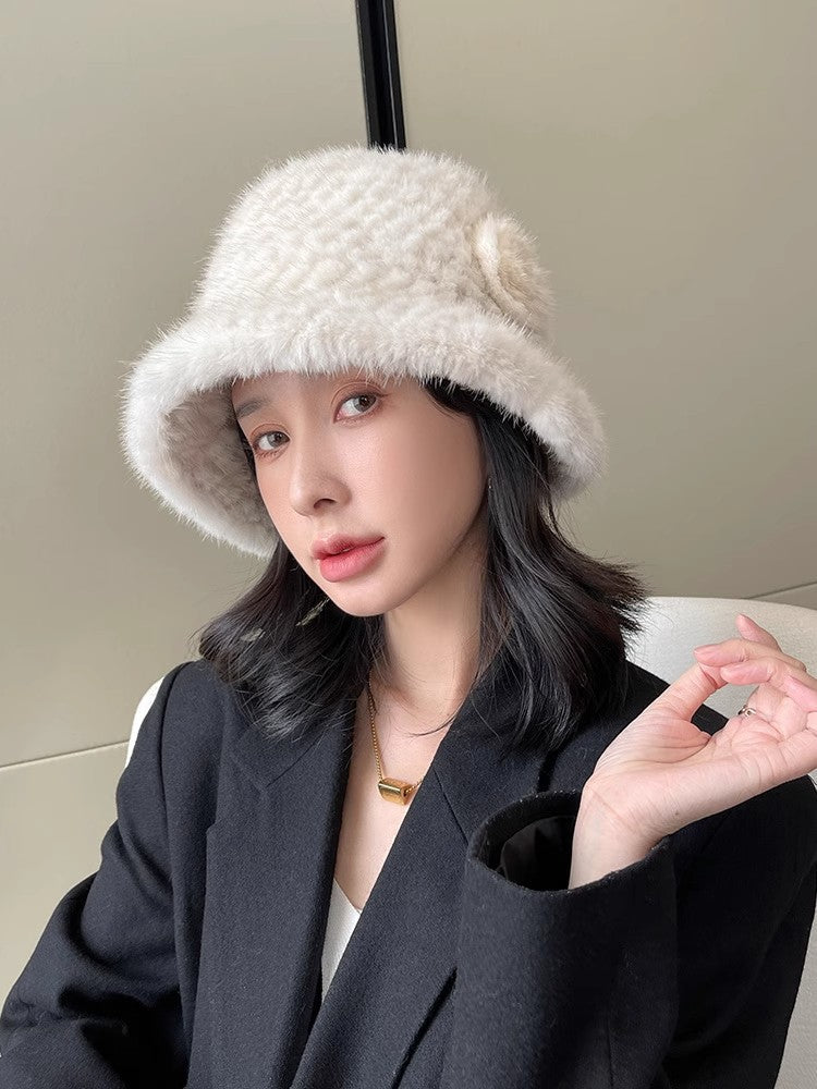 Mink Woven Fur Hat Women's Camellia Flower Bucket Hat by Firelady Fur