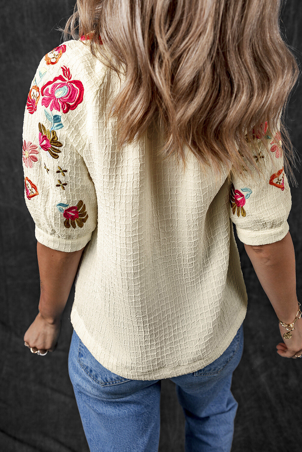 August Floral Embroidered Puff Sleeve Blouse - Threaded Pear