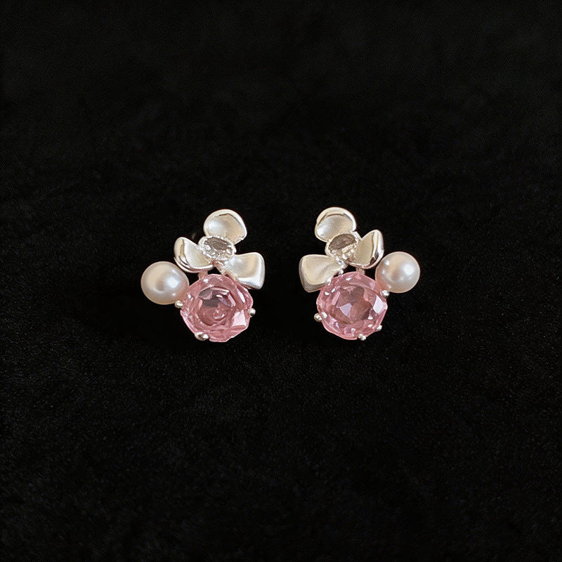 Women Flower Cubic Zirconia Pearl Stud Earrings,Fresh Sweet Light Luxury Delicate Dangle Earrings,Niche Design Fashion Daily Occasion Jewelry