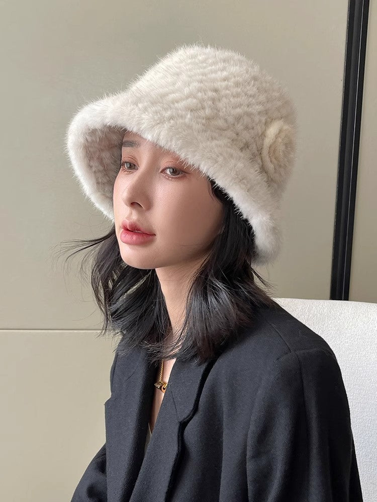 Mink Woven Fur Hat Women's Camellia Flower Bucket Hat by Firelady Fur