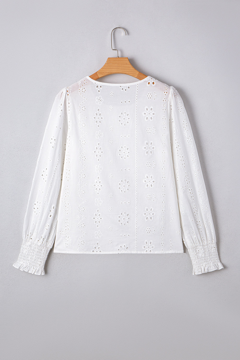 Allison Eyelet Embroidered Smocked Cuff Sheer Blouse - Threaded Pear