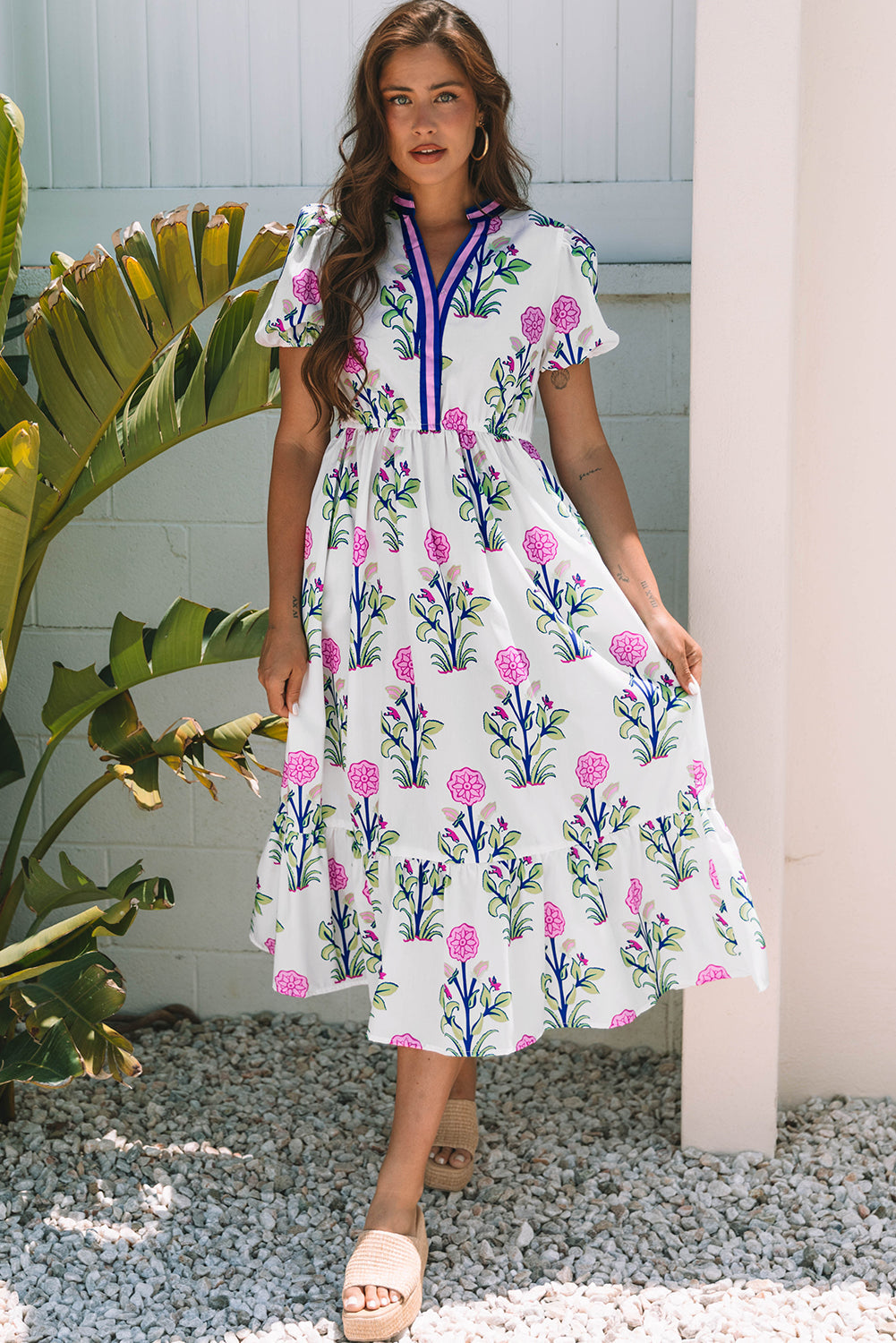 Julietta Floral Puff Short Sleeve V Neck High Waist Maxi Dress - Threaded Pear