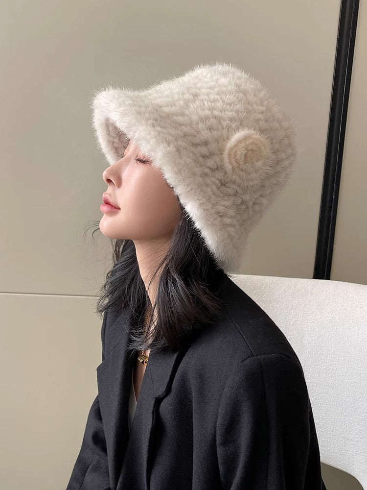 Mink Woven Fur Hat Women's Camellia Flower Bucket Hat by Firelady Fur