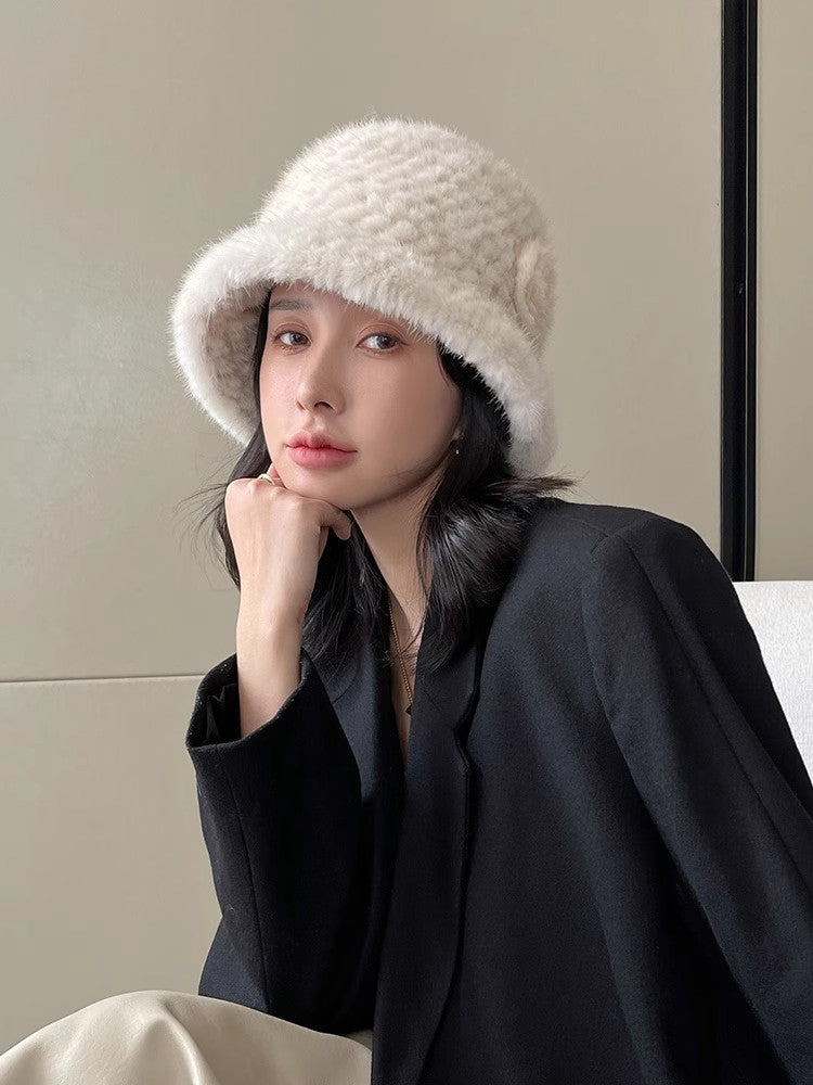 Mink Woven Fur Hat Women's Camellia Flower Bucket Hat by Firelady Fur