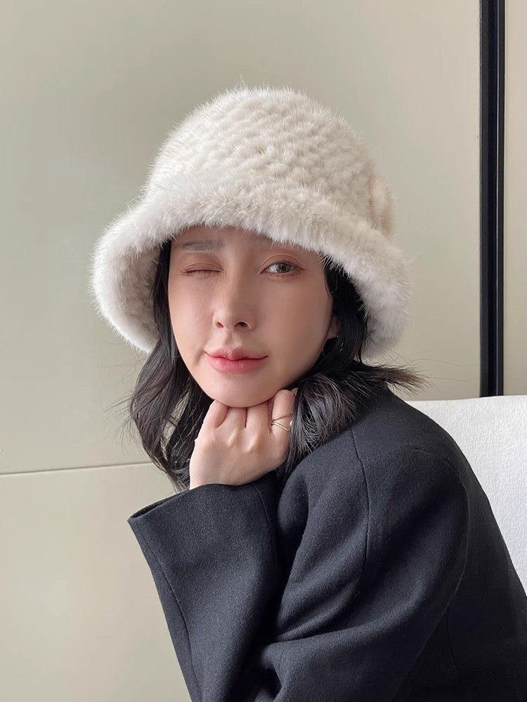 Mink Woven Fur Hat Women's Camellia Flower Bucket Hat by Firelady Fur
