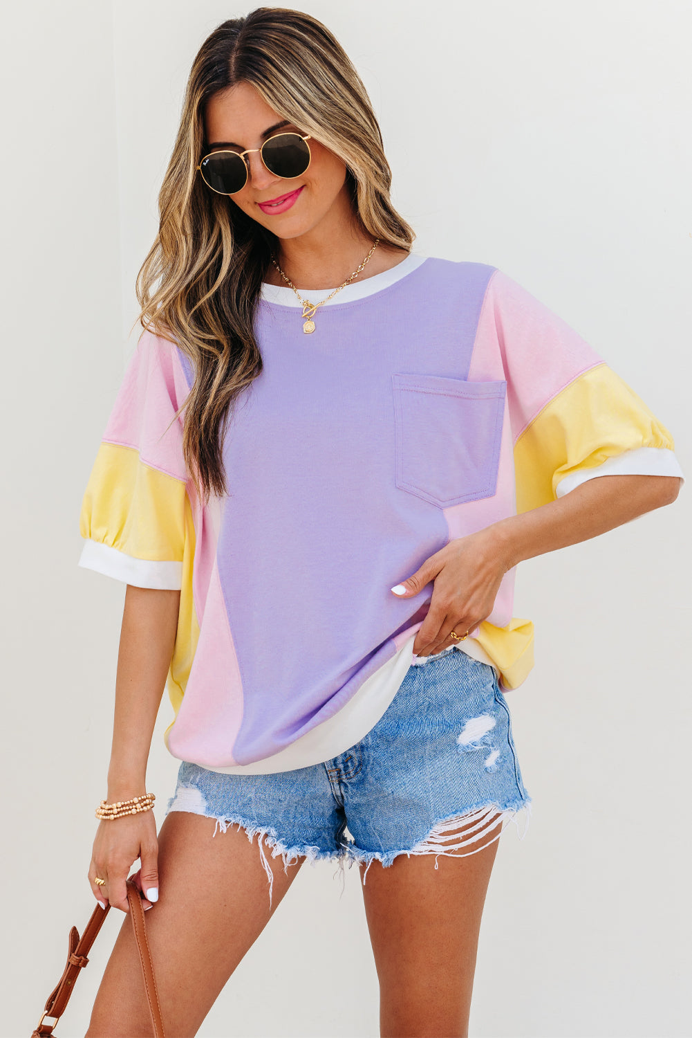 Zoe Patchwork Half Sleeve Oversized Top - Threaded Pear