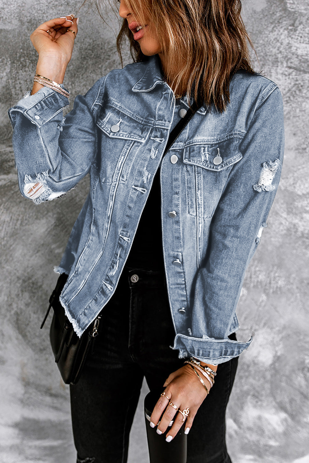 Sofibelle Distressed Raw Hem Jacket by Threaded Pear