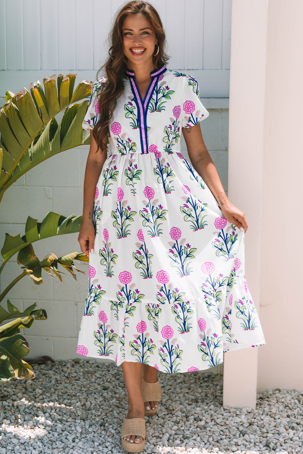 Julietta Floral Puff Short Sleeve V Neck High Waist Maxi Dress - Threaded Pear