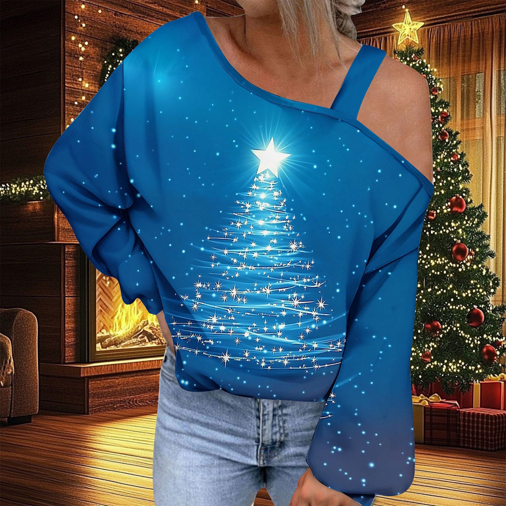 Christmas Women's Fashion Trend Diagonal Collar T-shirt by G8Central.com