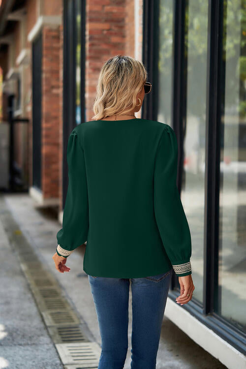 V-Neck Lace Detail Long Sleeve Top by VYSN