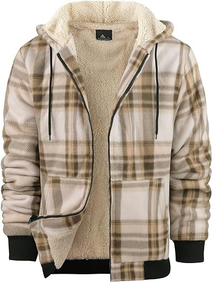Men's Plaid Print Hooded Zip-Up Jacket Winter Thickened Cotton-padded Coat Warm Clothing by 510_Athletics LLC