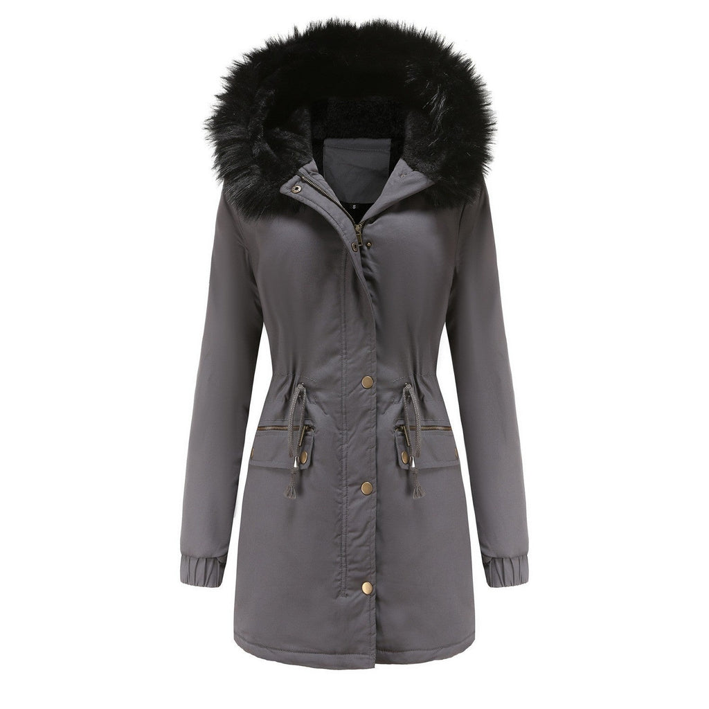 Women's Plush Hooded Parkas Winter Warm Thick  Zip-up Jackets Casual Mid-length Solid Buckle Pockets Coat Outerwear Clothing