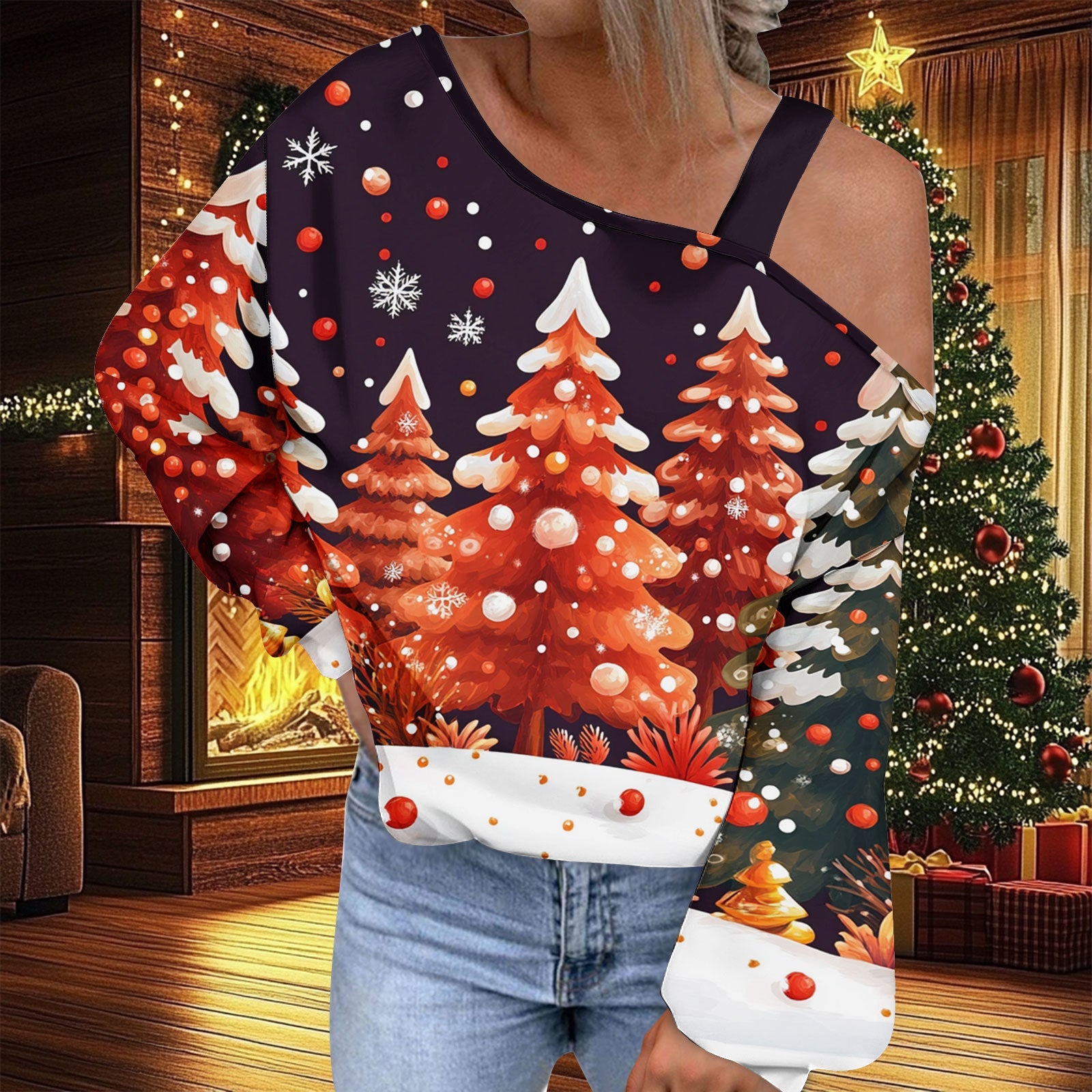 Christmas Women's Fashion Trend Diagonal Collar T-shirt by G8Central.com