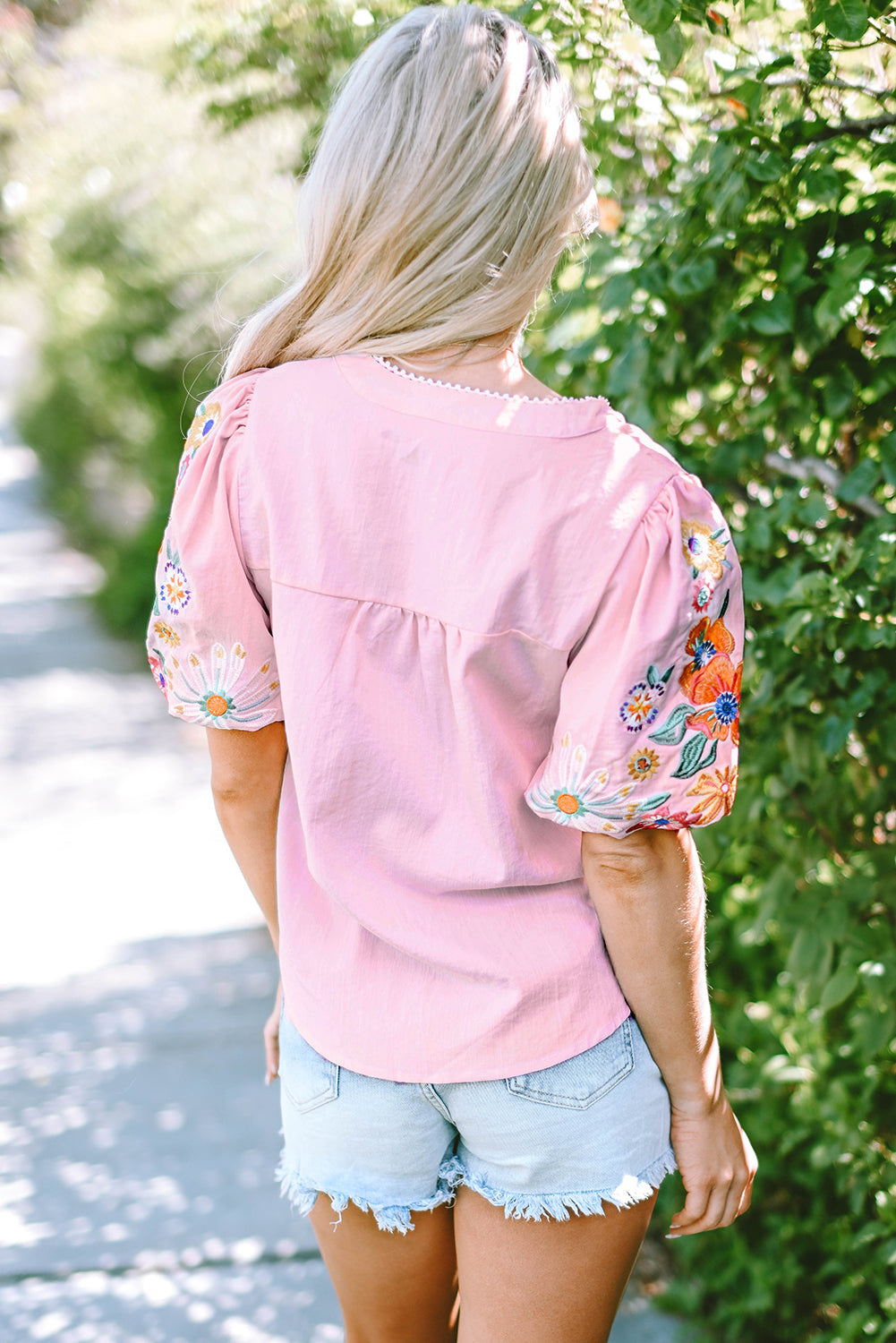 Araceli Floral Embroidered Puff Sleeve Split Neck Blouse - Threaded Pear