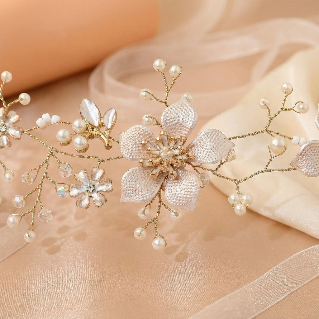 Gold Pearl Floral Alloy Bridal Headband - Bridella BHP357-G by Bridella