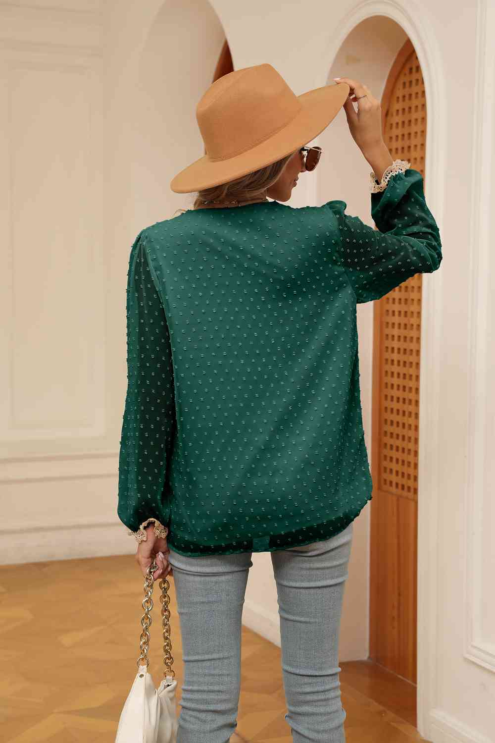 Swiss Dot Contrast V-Neck Blouse by VYSN