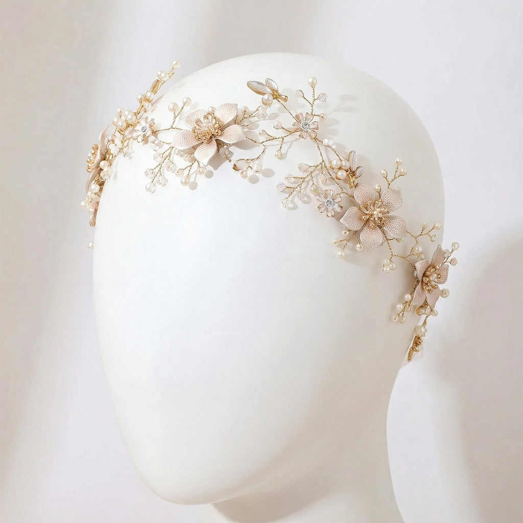 Gold Pearl Floral Alloy Bridal Headband - Bridella BHP357-G by Bridella