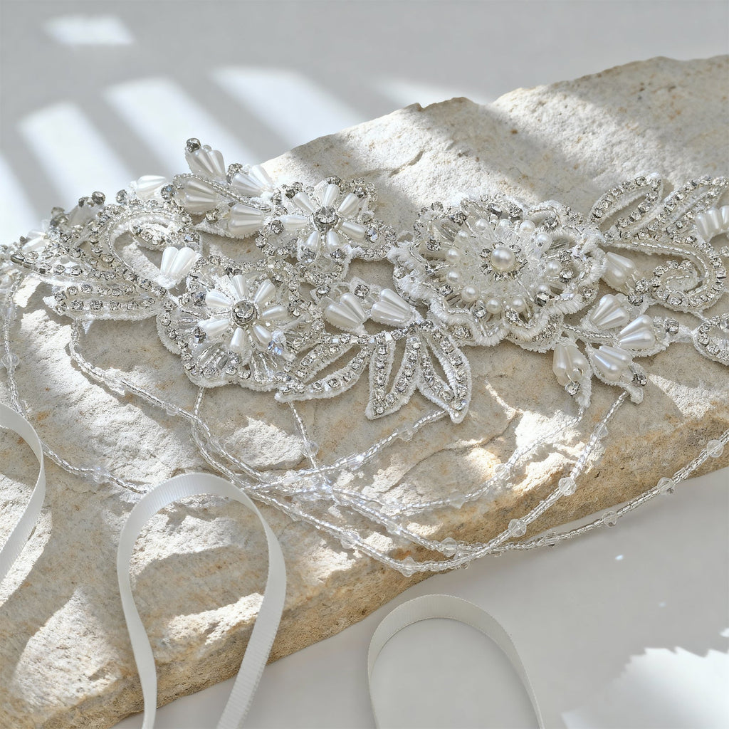 Off White Rhinestone Pearl Bridal Belt Wedding Sash – Bridella BS80 by Bridella