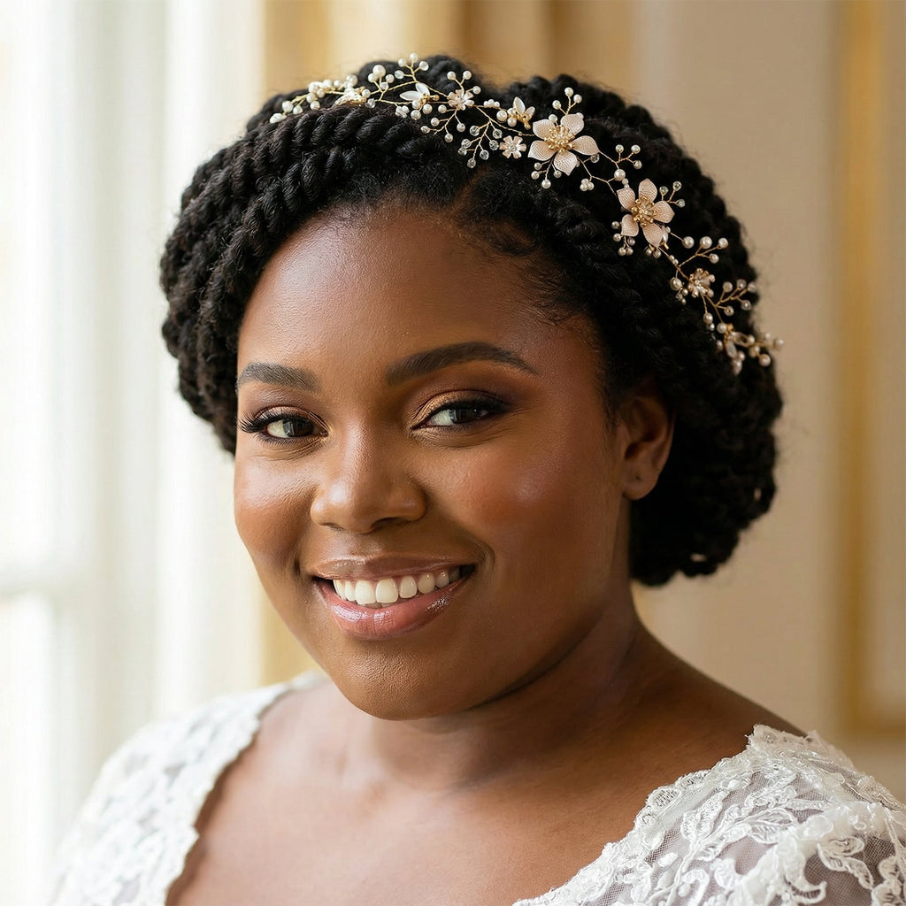 Gold Pearl Floral Alloy Bridal Headband - Bridella BHP357-G by Bridella