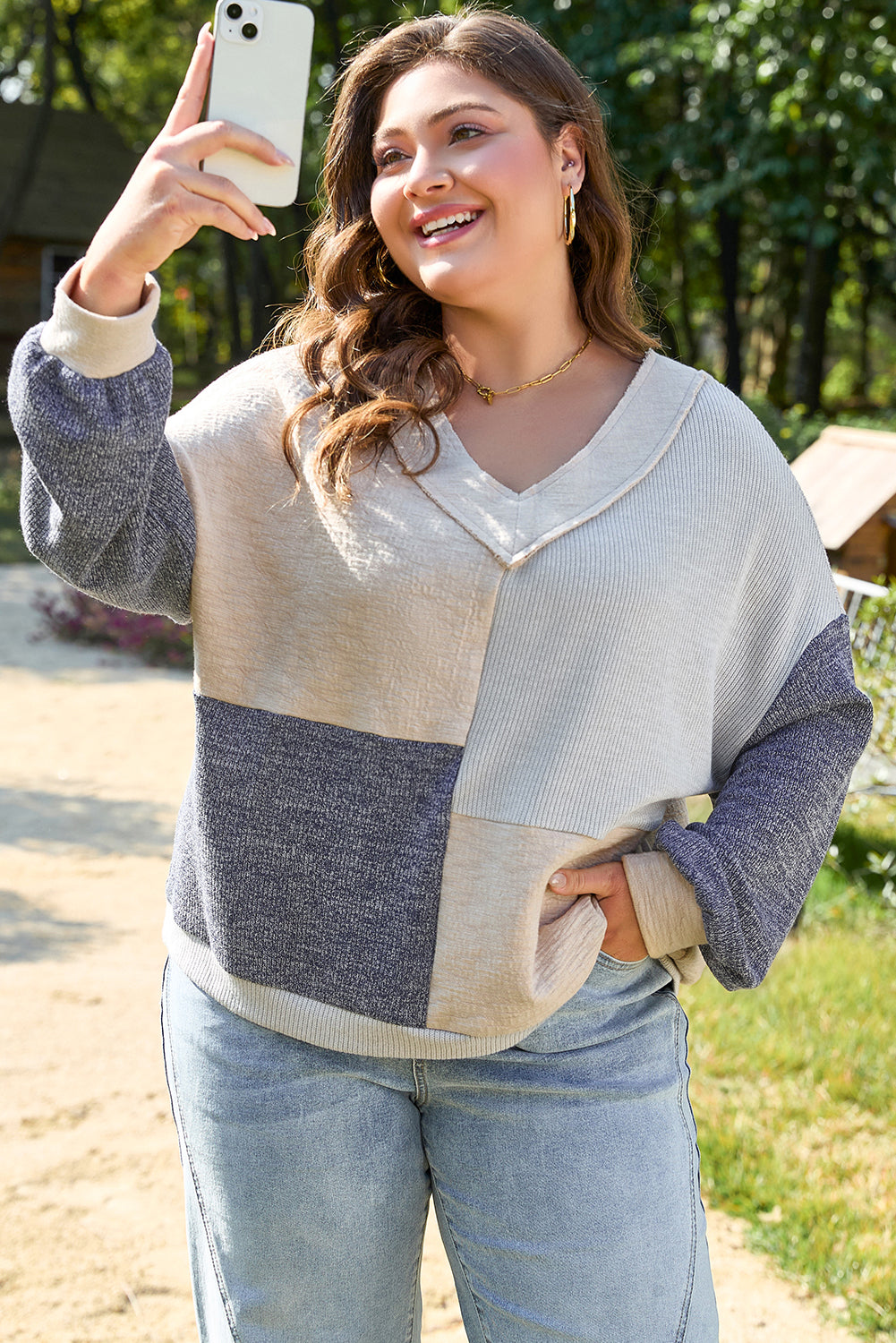 Elaina Plus Size Textured V Neck Top - Threaded Pear