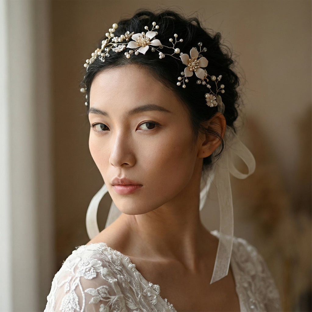 Gold Pearl Floral Alloy Bridal Headband - Bridella BHP357-G by Bridella