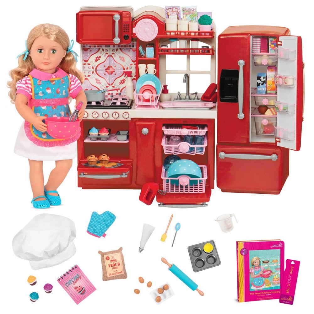 [113988] Our Generation 18" Posable Cooking Doll Jenny with Gourmet Kitchen Playset & Storybook (Red) by SNEAKAR