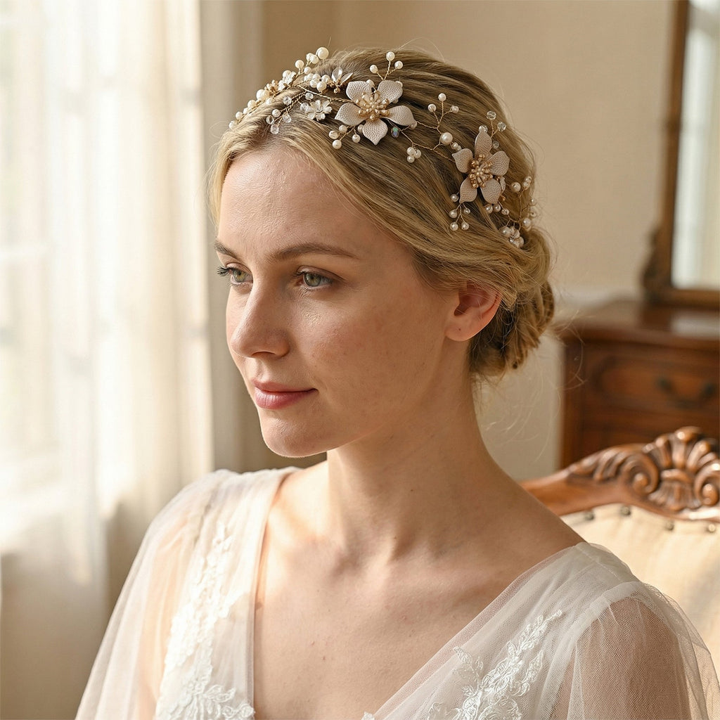 Gold Pearl Floral Alloy Bridal Headband - Bridella BHP357-G by Bridella