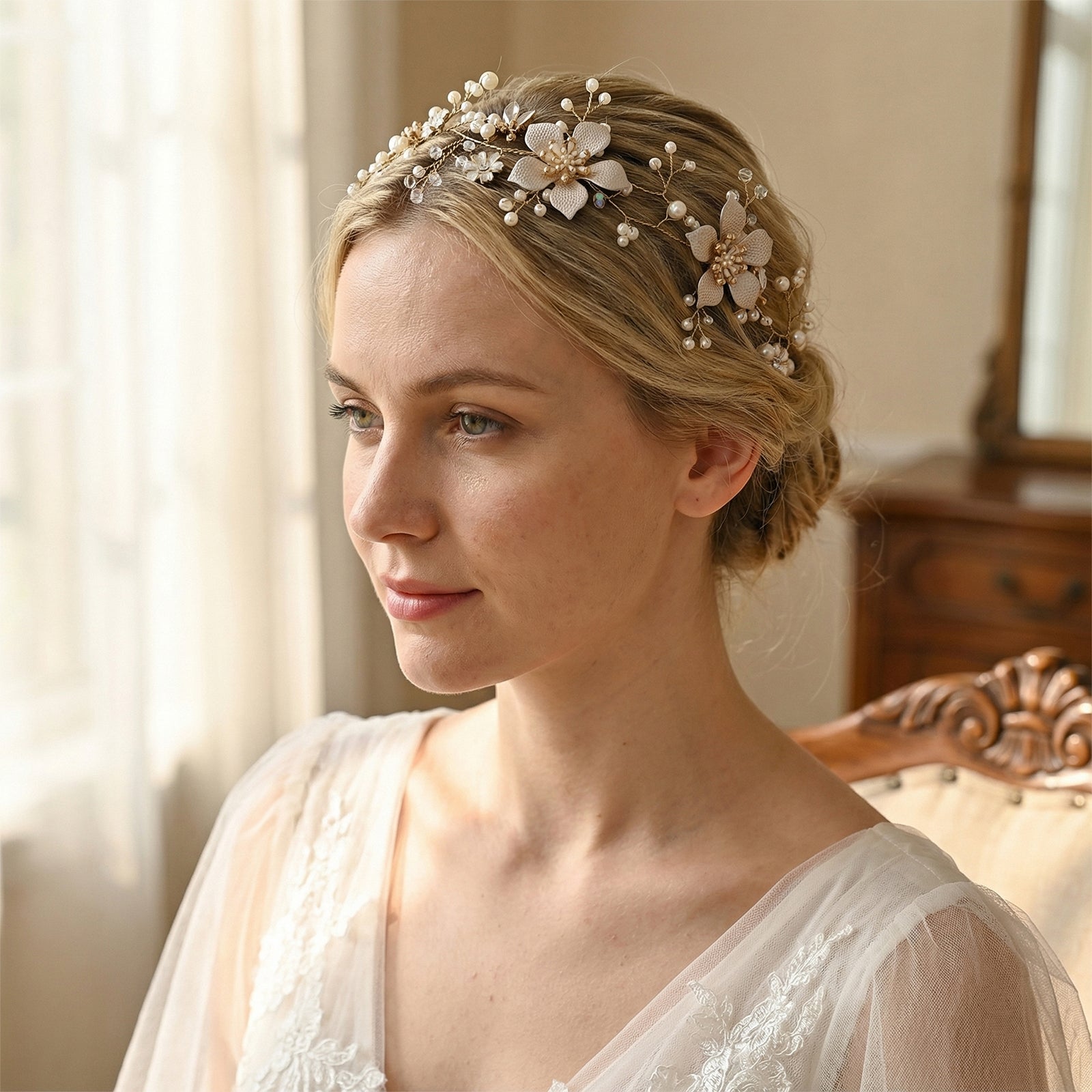 Gold Pearl Floral Alloy Bridal Headband - Bridella BHP357-G by Bridella