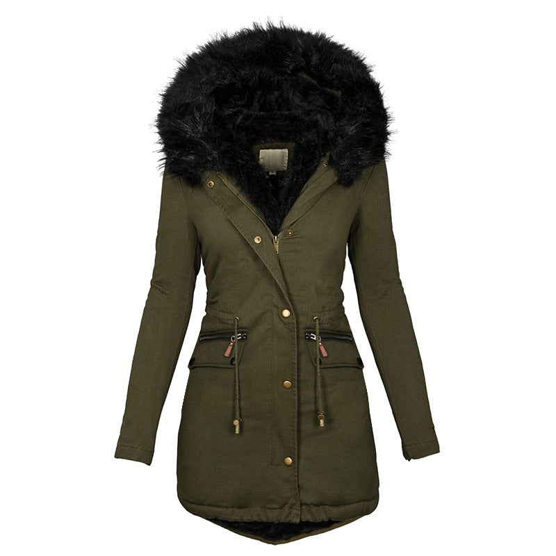 Women's Plush Hooded Parkas Winter Warm Thick  Zip-up Jackets Casual Mid-length Solid Buckle Pockets Coat Outerwear Clothing