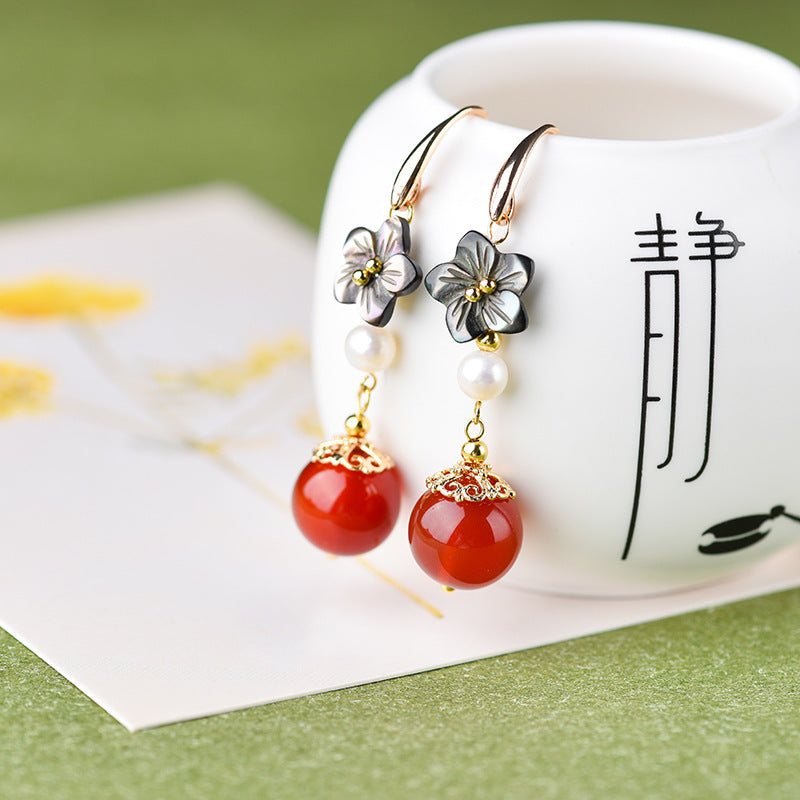 Crimson Bloom: Artisan-Crafted Red Agate Flower Drop Earrings
