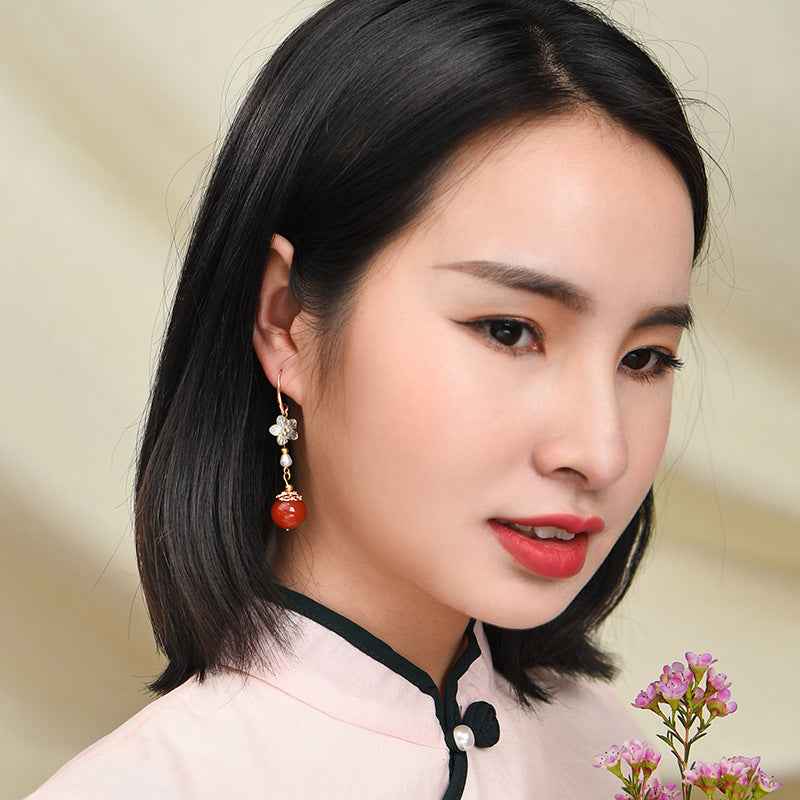 Crimson Bloom: Artisan-Crafted Red Agate Flower Drop Earrings