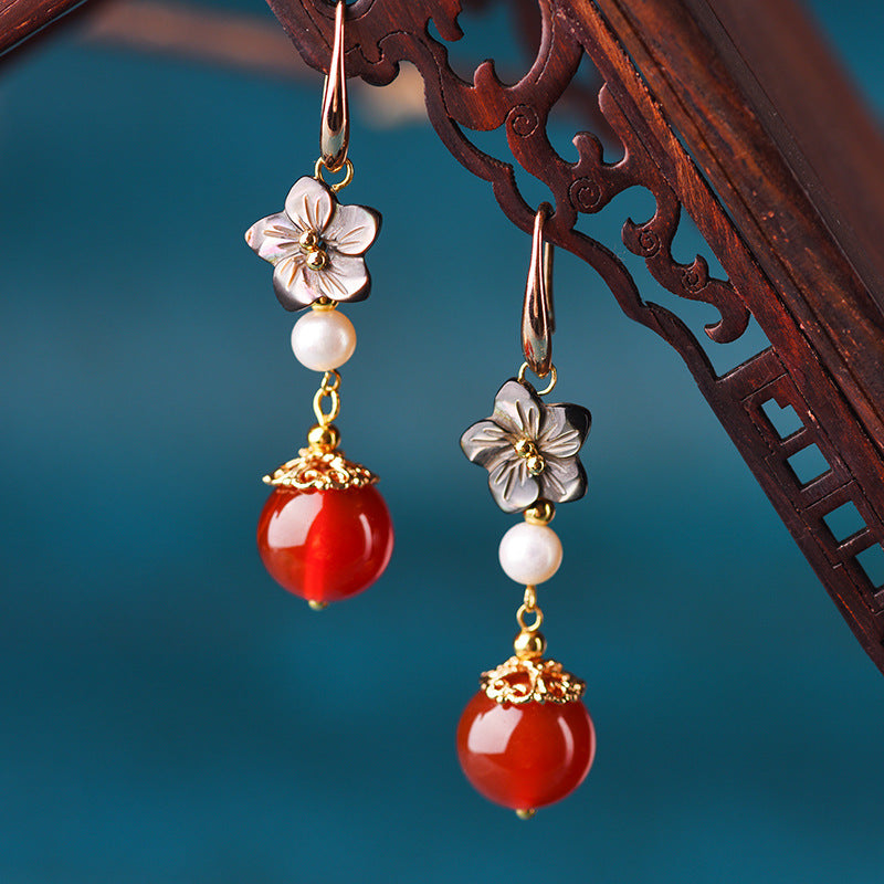 Crimson Bloom: Artisan-Crafted Red Agate Flower Drop Earrings