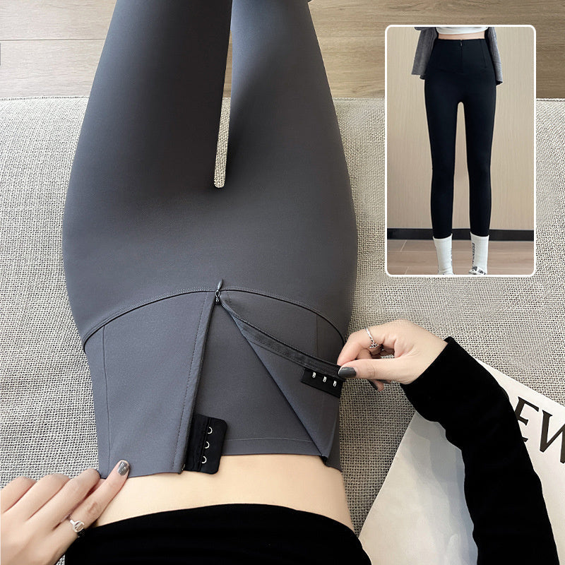 Belly-controlling Butt Lifting Leggings With Three-breasted Design Winter High Waist Slim Zipper Pants Warm Velvet And Thickened Trousers Women Clothing by 510_Athletics LLC