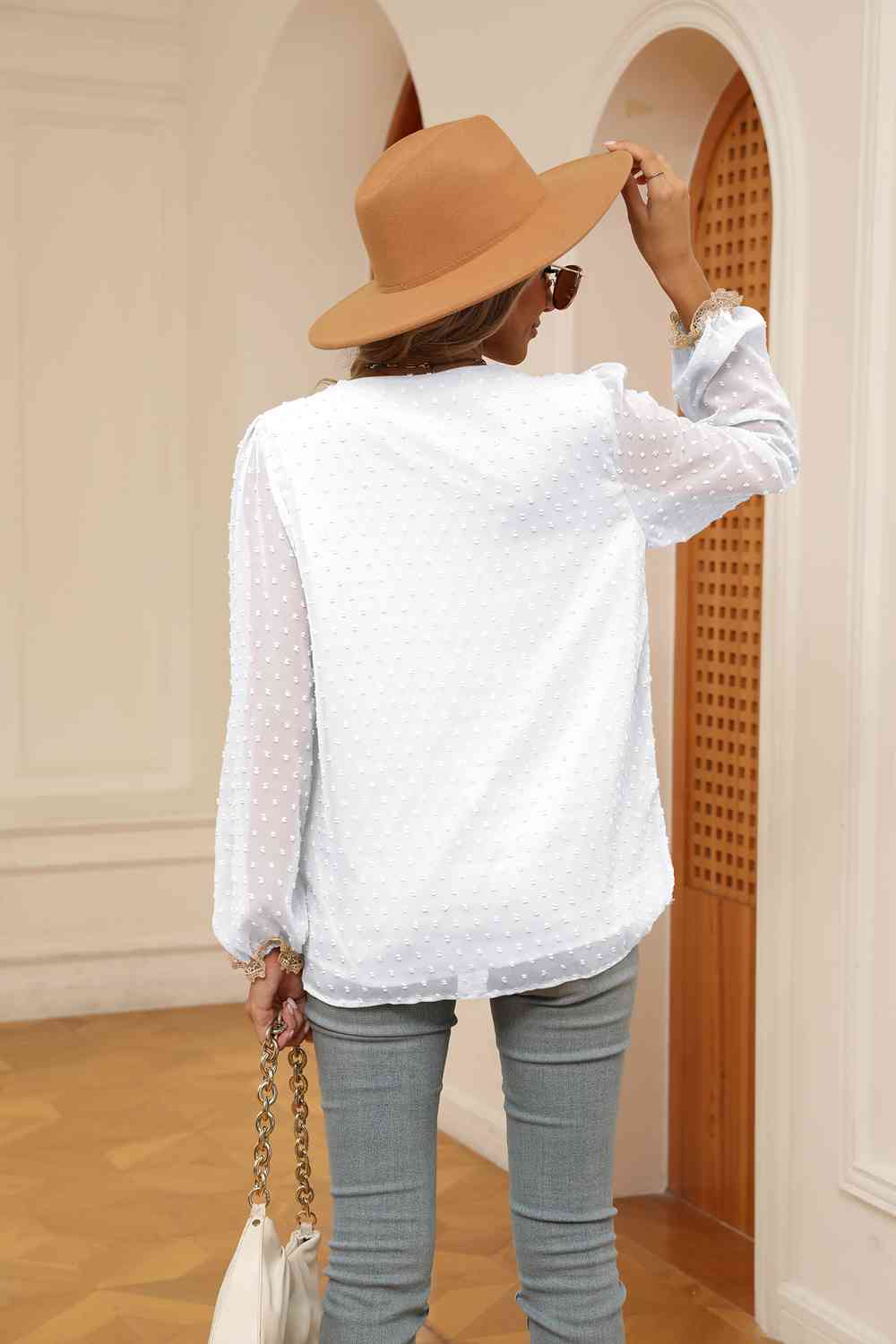 Swiss Dot Contrast V-Neck Blouse by VYSN