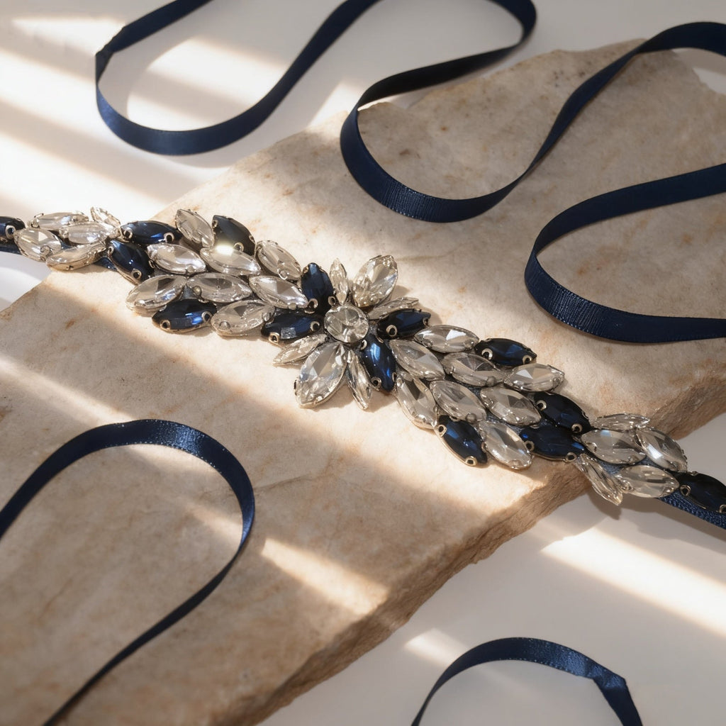 Navy Rhinestone Bridal Belt Wedding Sash – Bridella BS227ML by Bridella