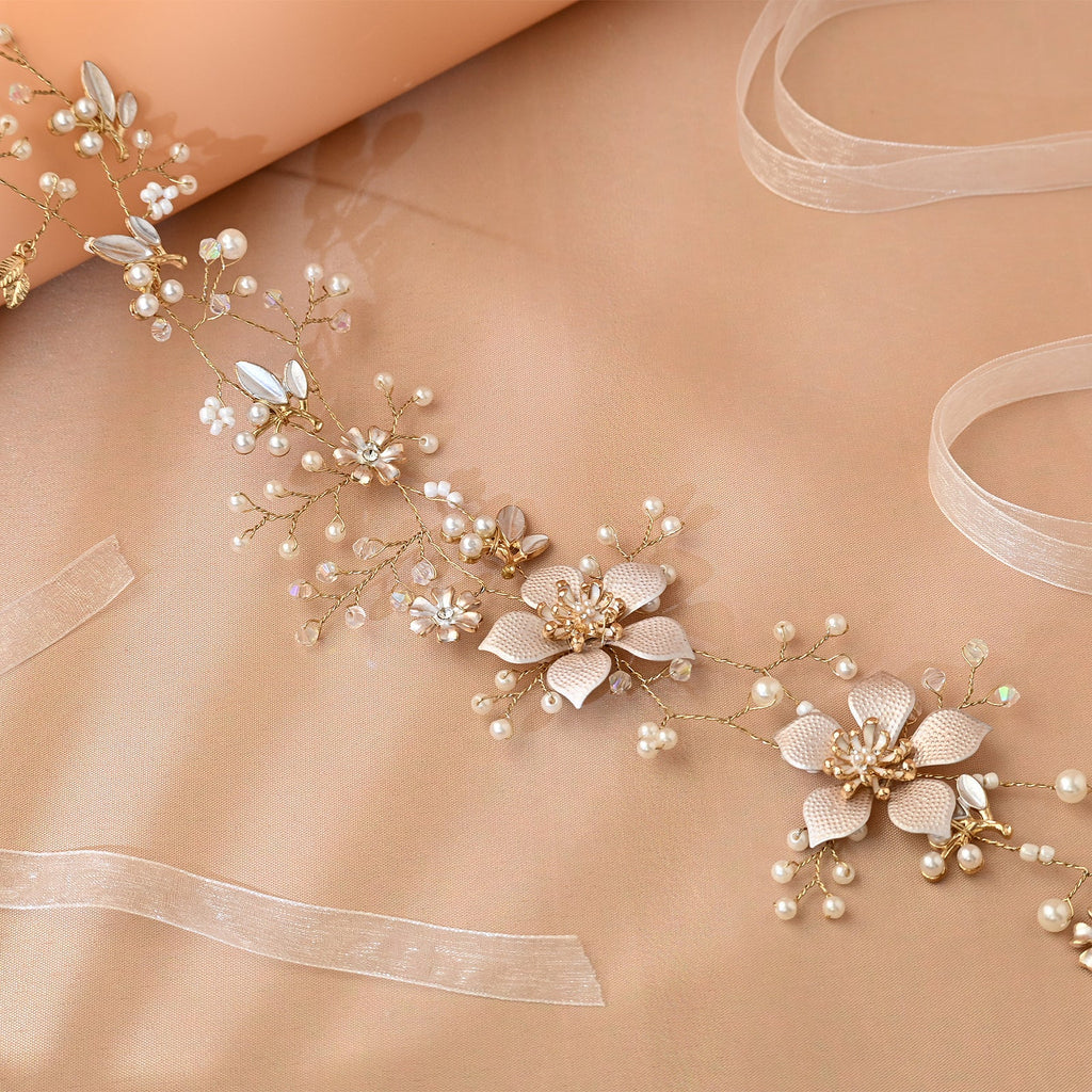 Gold Pearl Floral Alloy Bridal Headband - Bridella BHP357-G by Bridella