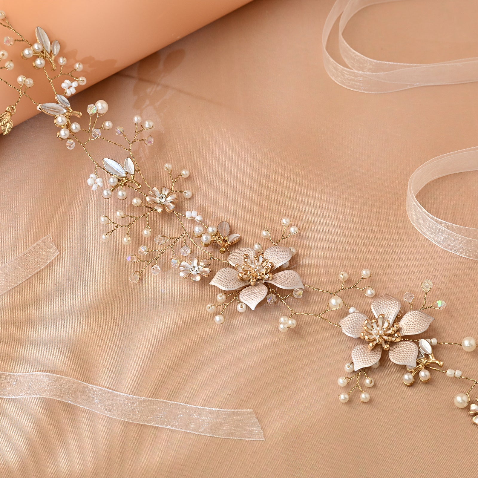 Gold Pearl Floral Alloy Bridal Headband - Bridella BHP357-G by Bridella