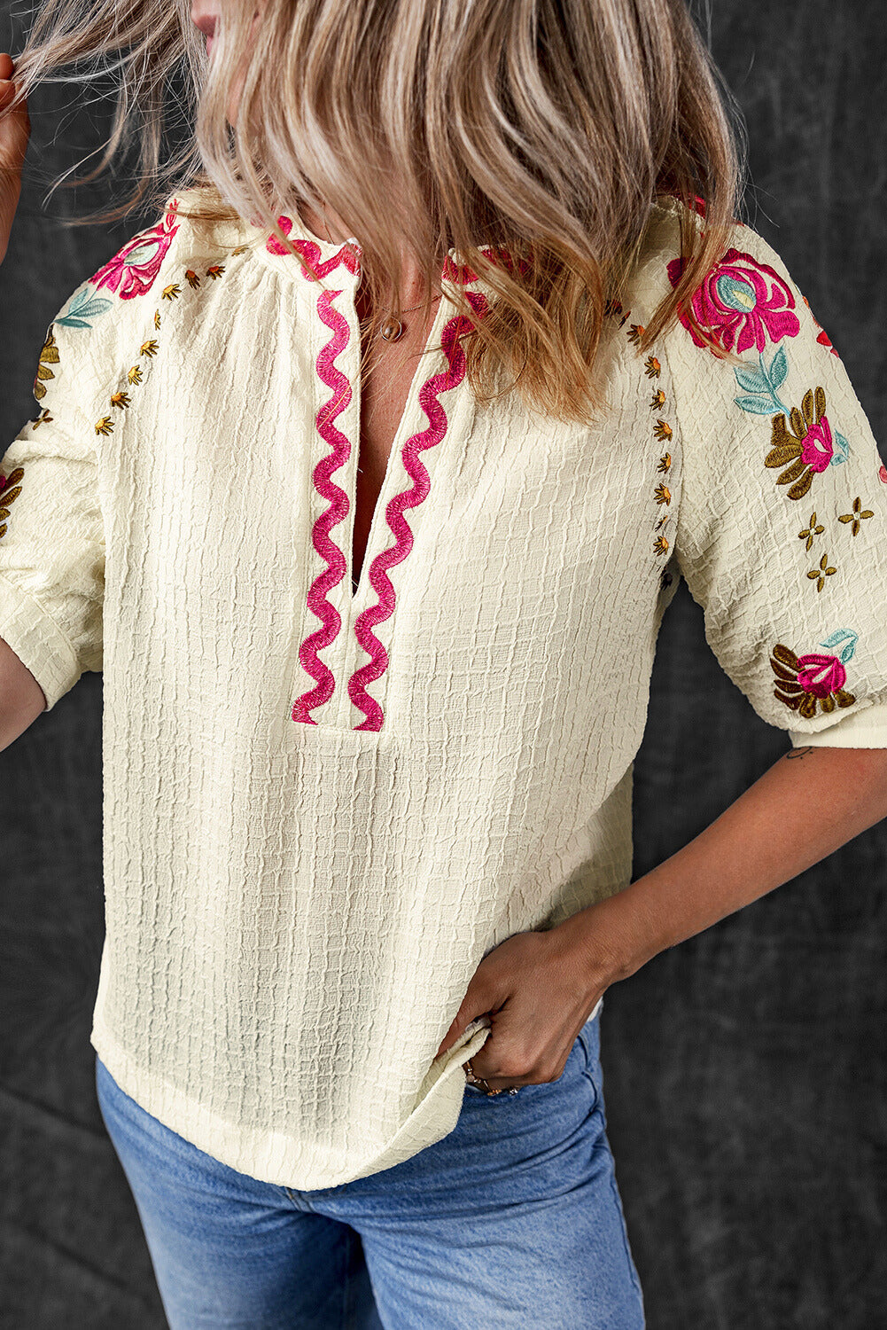 August Floral Embroidered Puff Sleeve Blouse - Threaded Pear