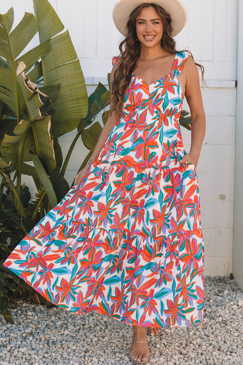 Alice Boho Floral Ruffled Strap Maxi Dress by Threaded Pear