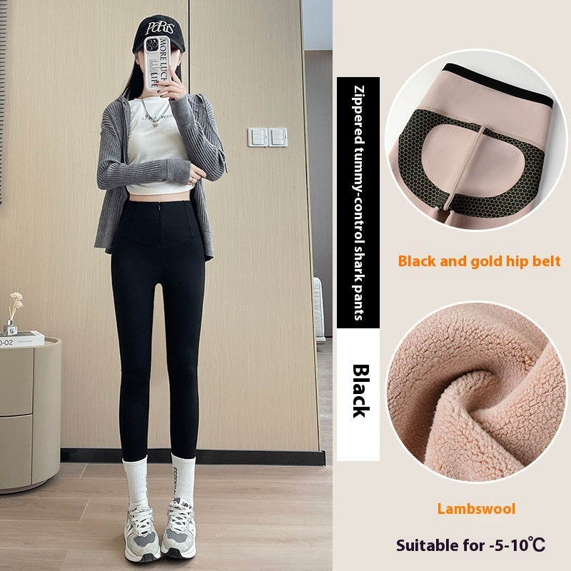 Belly-controlling Butt Lifting Leggings With Three-breasted Design Winter High Waist Slim Zipper Pants Warm Velvet And Thickened Trousers Women Clothing by 510_Athletics LLC