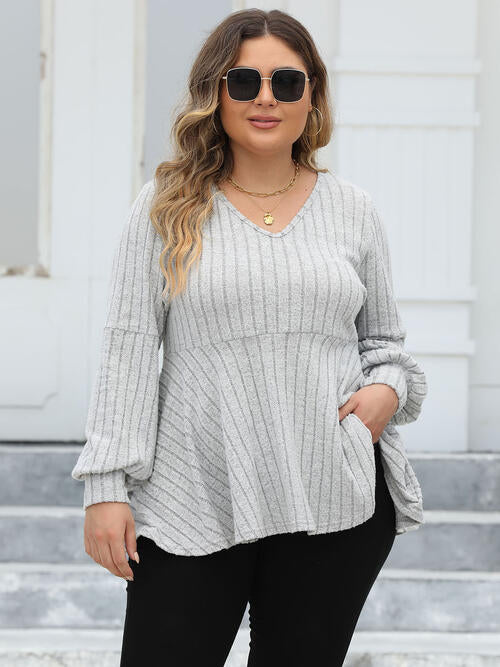 Full Figured Size Ribbed V-Neck Long Sleeve Blouse by VYSN
