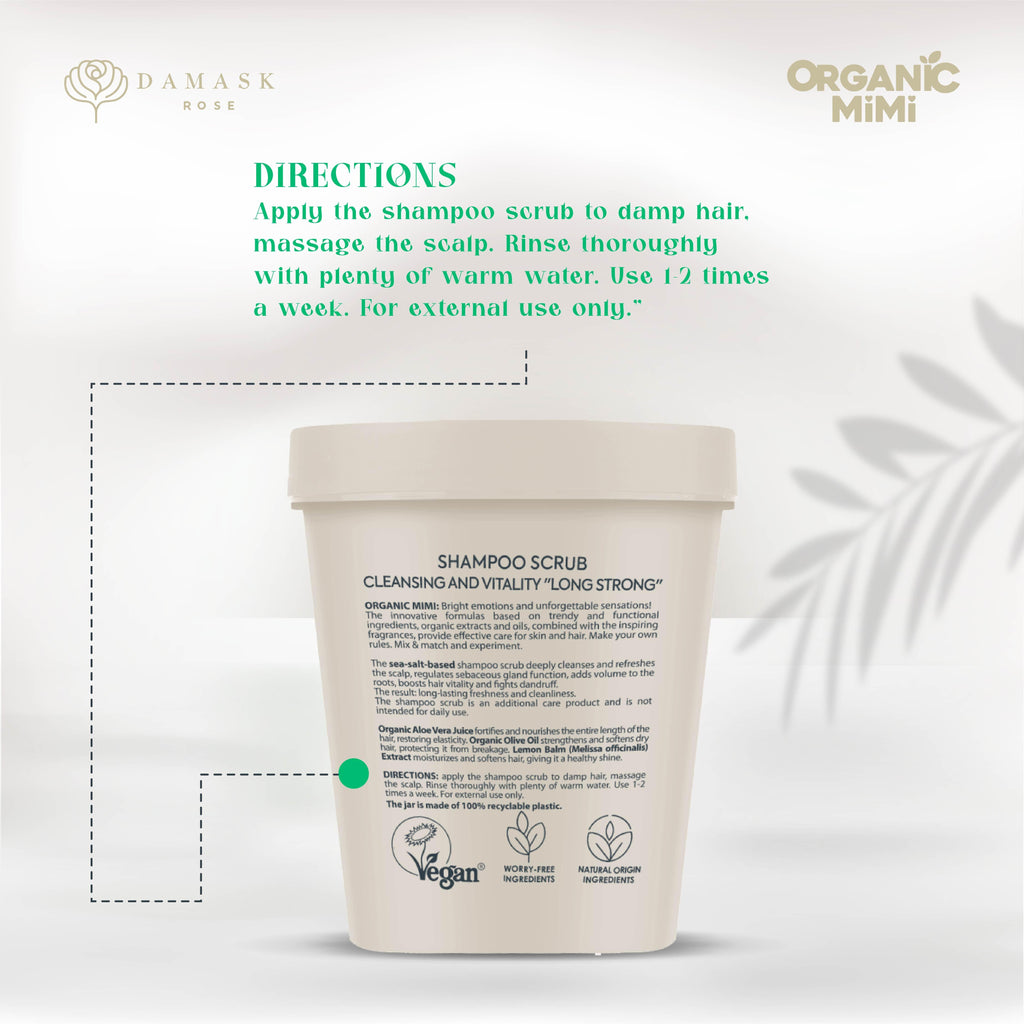 ORGANIC MIMI, SHAMPOO SCRUB CLEANSING AND VITALITY LONG STRONG, 310 g by Damask Rose