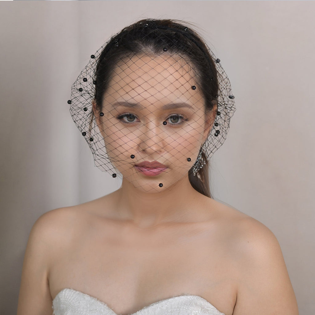 white white pearl mesh birdcage veil