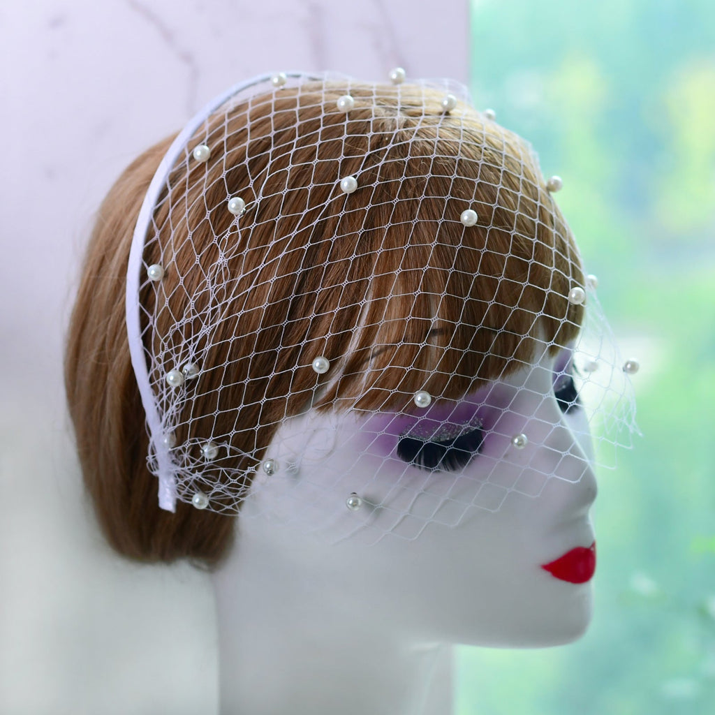 white white pearl mesh birdcage veil