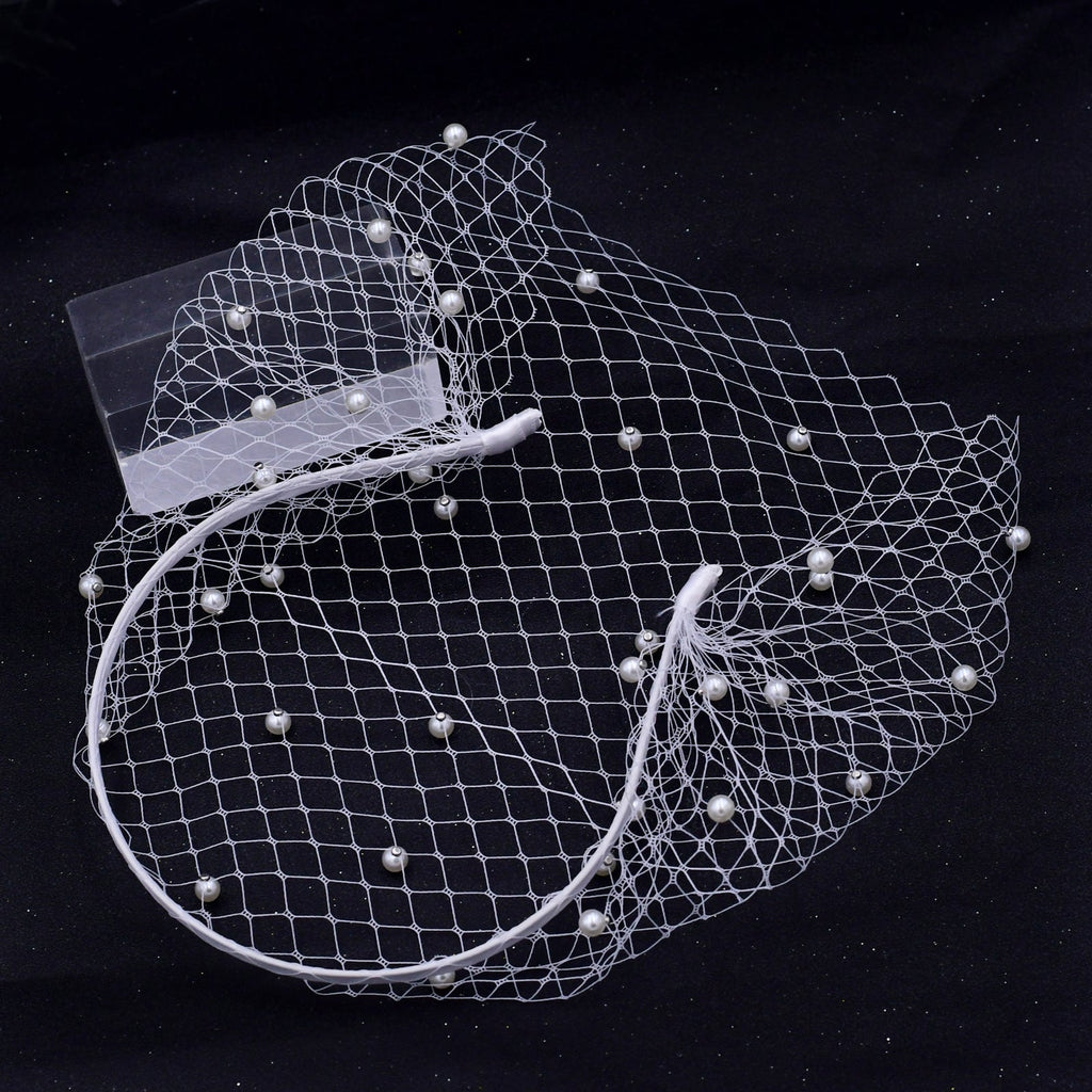 white white pearl mesh birdcage veil