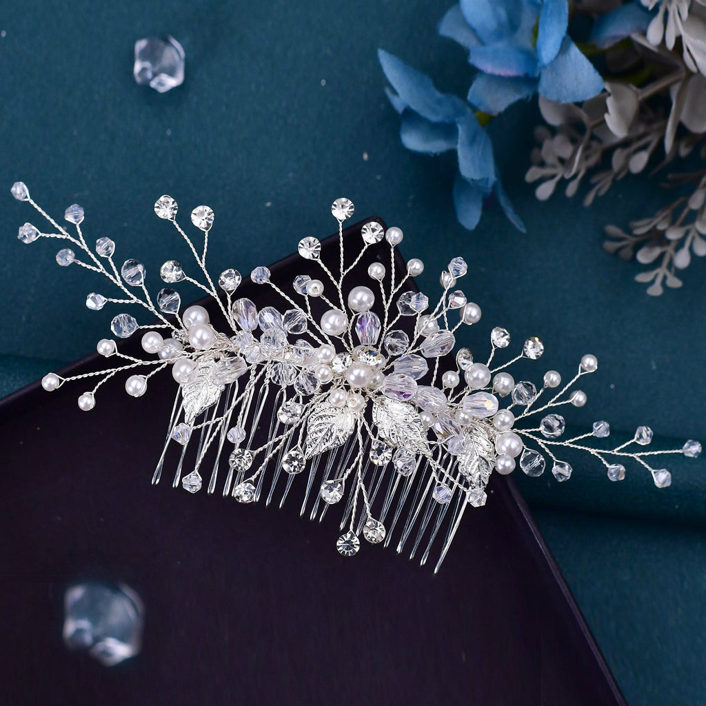BHP176-S silver rhinestone pearl hair comb