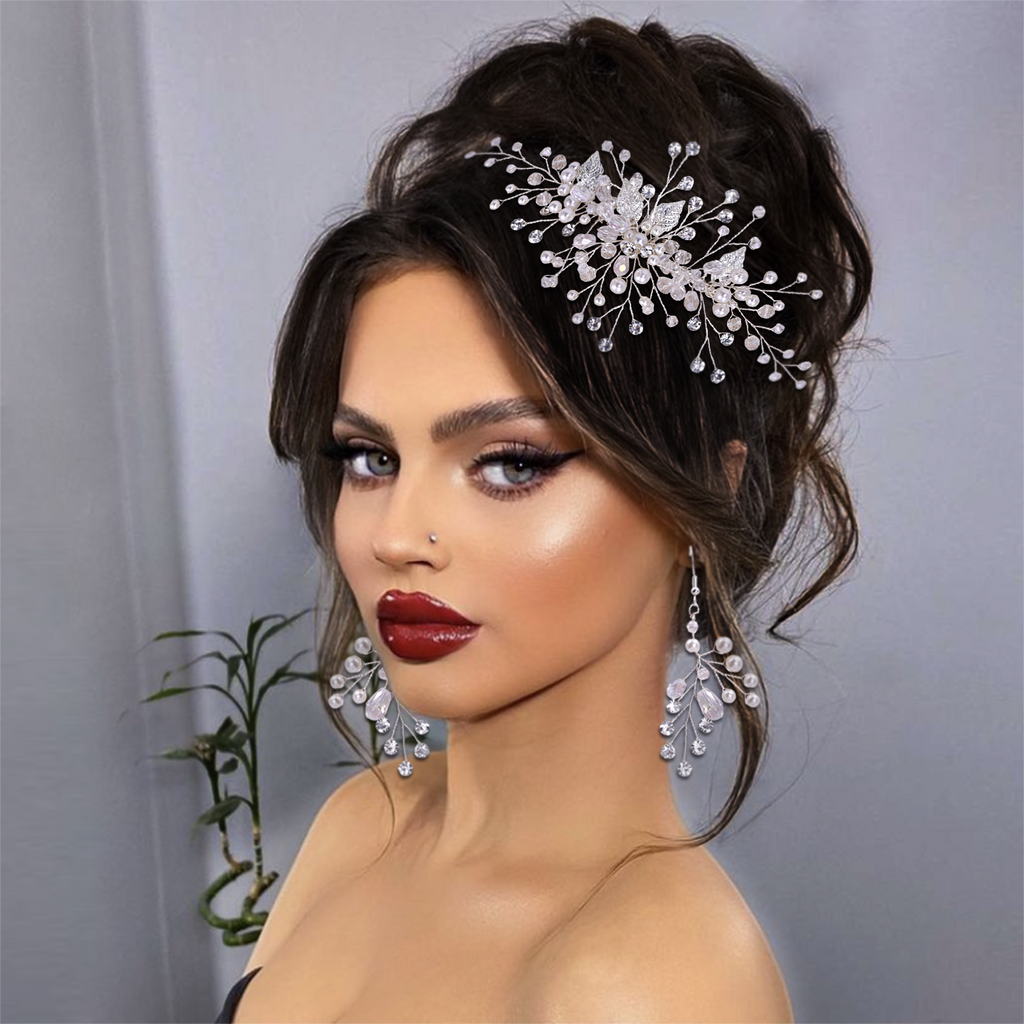 BHP176-S silver rhinestone pearl hair comb